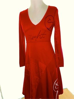 Women’s Sz M EUC DESIGUAL Red V-Neck Long Sleeve Fit-and-Flare Dress